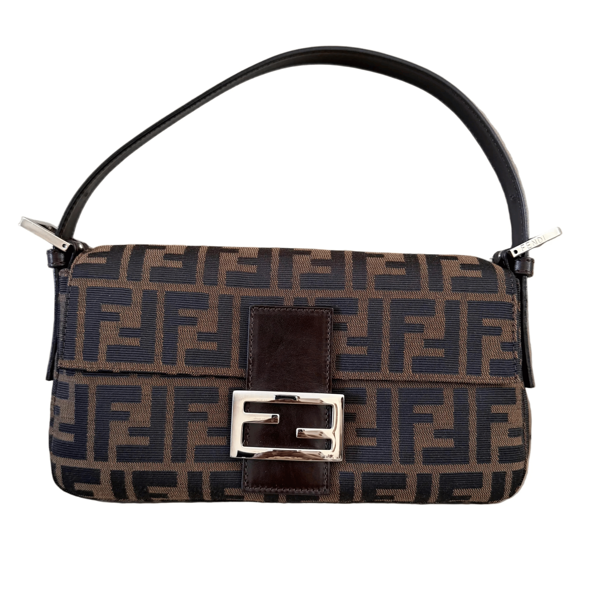 Fendi Baguette Zucca Canvas and Dark Brown Leather