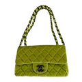 Chanel Velvet Quilted Lime Interlocking CC Classic Flap Small Shoulder Bag Green