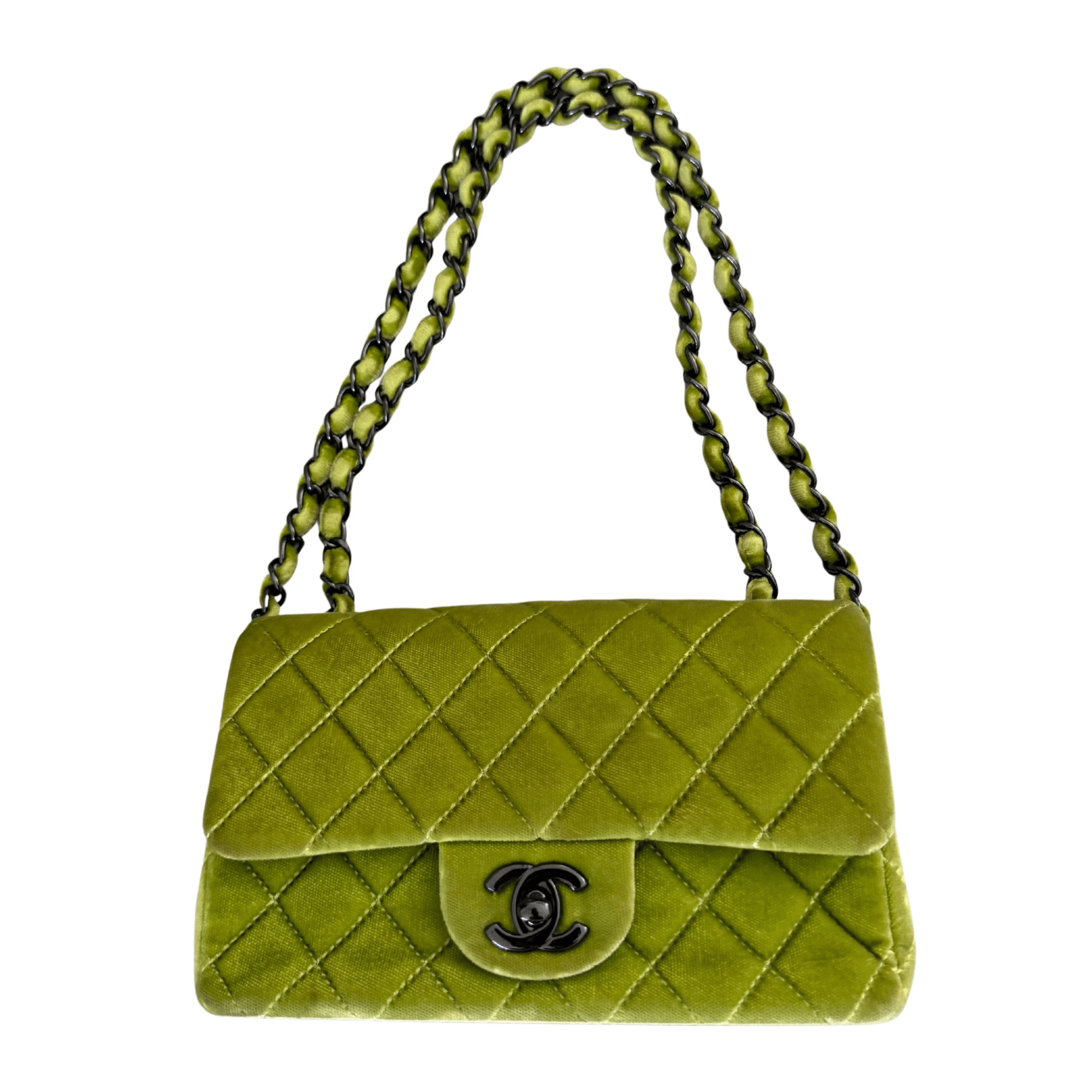 Chanel Velvet Quilted Lime Interlocking CC Classic Flap Small Shoulder Bag Green