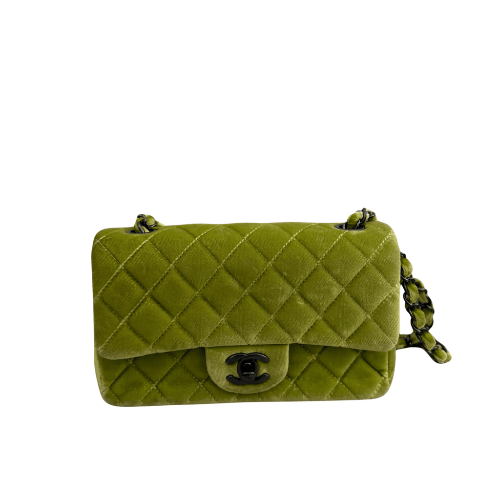 Chanel Velvet Quilted Lime Interlocking CC Classic Flap Small Shoulder Bag Green