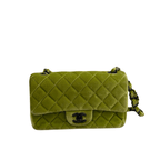 Chanel Velvet Quilted Lime Interlocking CC Classic Flap Small Shoulder Bag Green