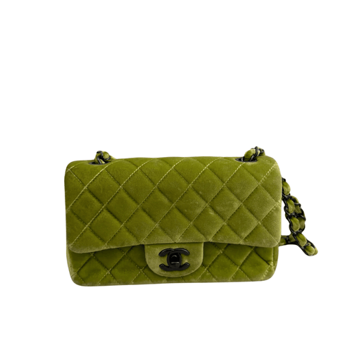 Chanel Velvet Quilted Lime Interlocking CC Classic Flap Small Shoulder Bag Green