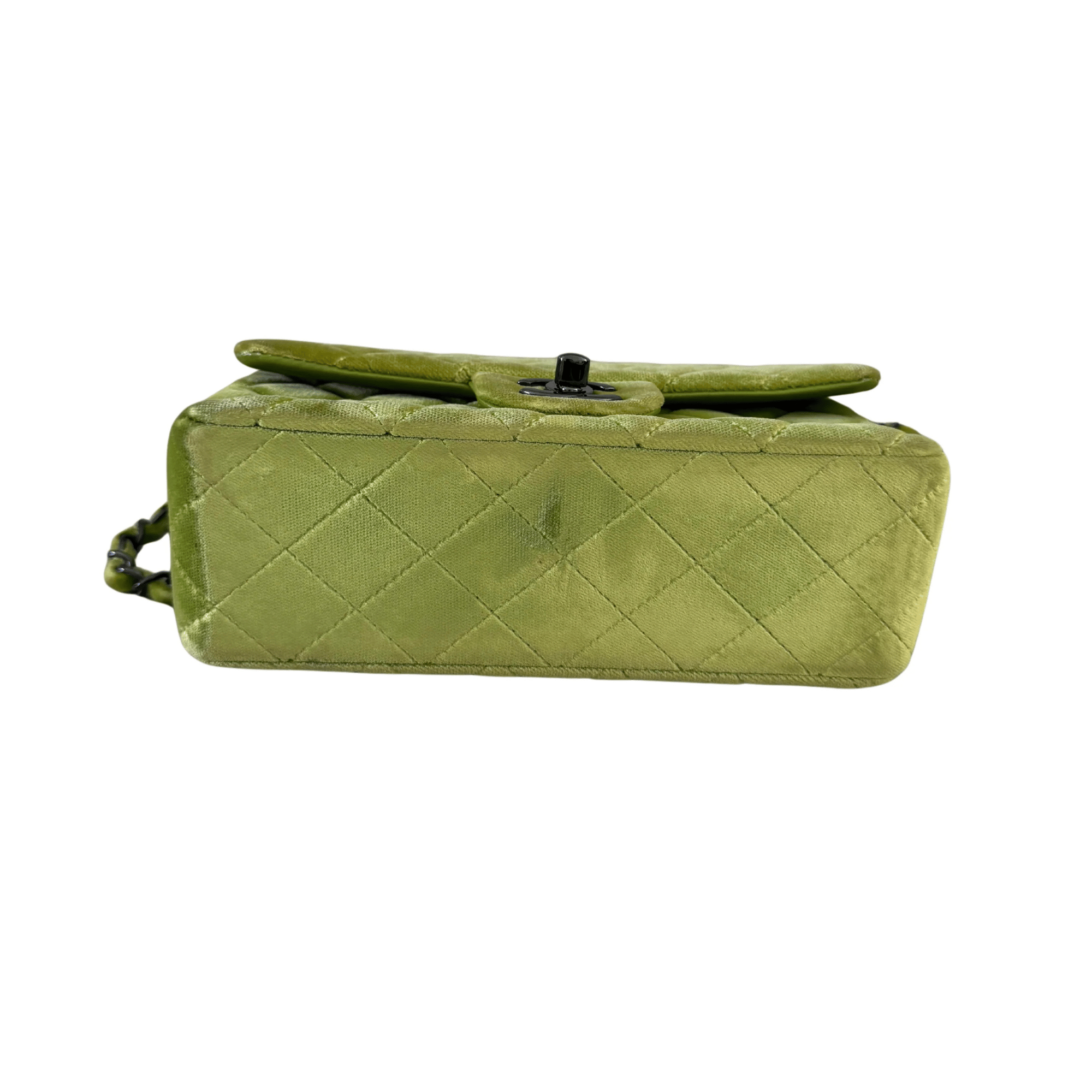 Chanel Velvet Quilted Lime Interlocking CC Classic Flap Small Shoulder Bag Green