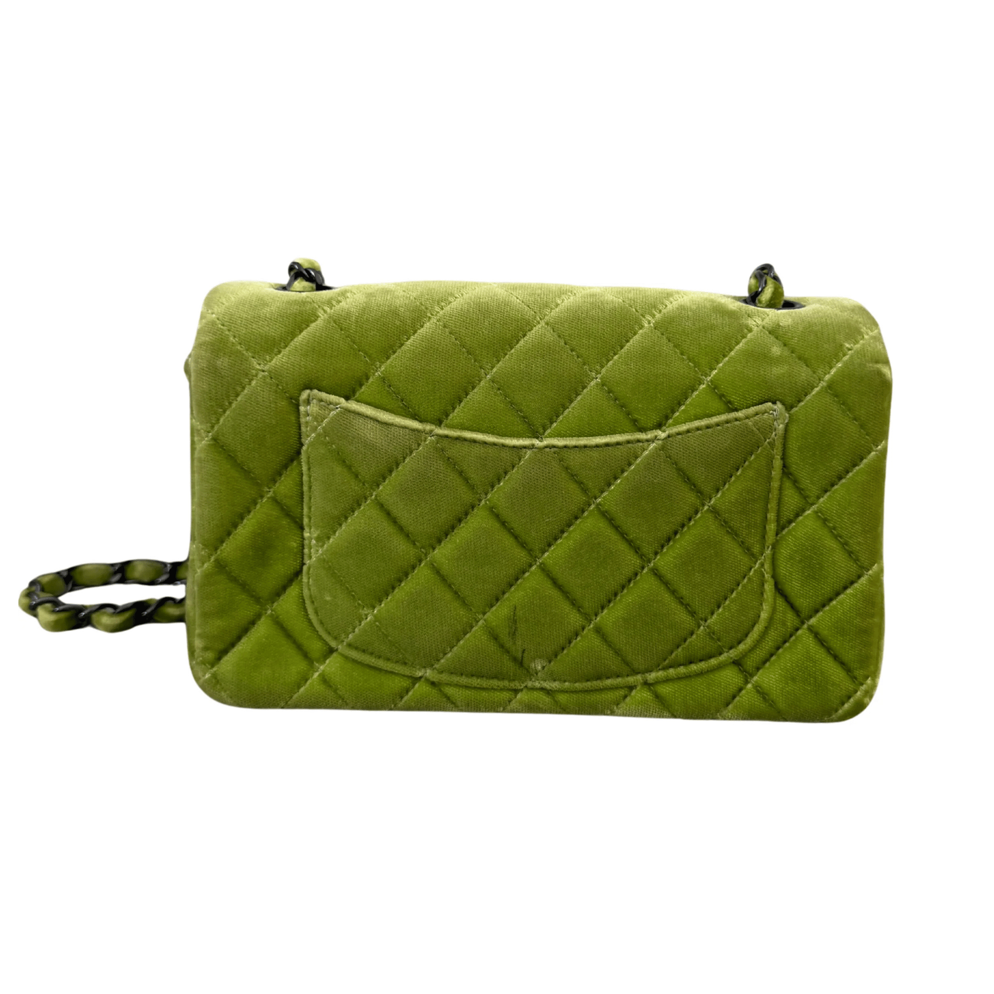 Chanel Velvet Quilted Lime Interlocking CC Classic Flap Small Shoulder Bag Green
