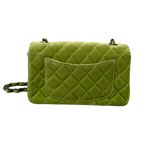 Chanel Velvet Quilted Lime Interlocking CC Classic Flap Small Shoulder Bag Green