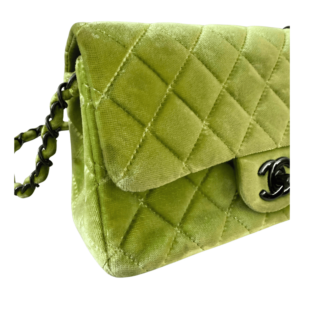 Chanel Velvet Quilted Lime Interlocking CC Classic Flap Small Shoulder Bag Green
