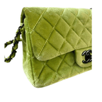 Chanel Velvet Quilted Lime Interlocking CC Classic Flap Small Shoulder Bag Green