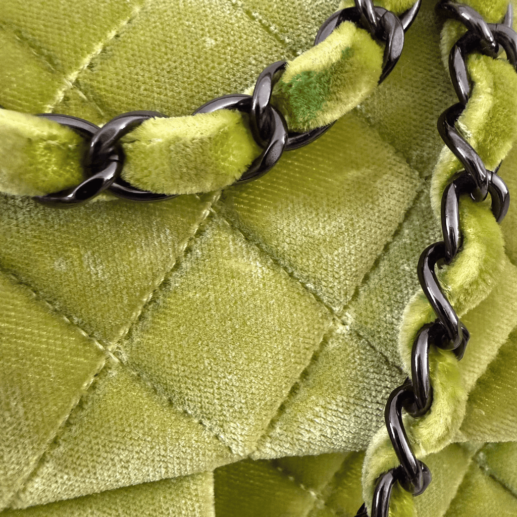 Chanel Velvet Quilted Lime Interlocking CC Classic Flap Small Shoulder Bag Green