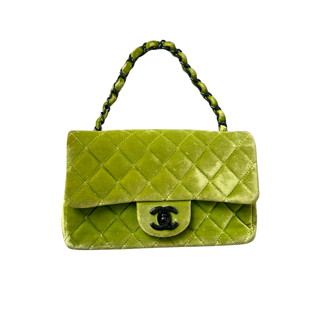 Chanel Velvet Quilted Lime Interlocking CC Classic Flap Small Shoulder Bag Green