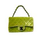 Chanel Velvet Quilted Lime Interlocking CC Classic Flap Small Shoulder Bag Green