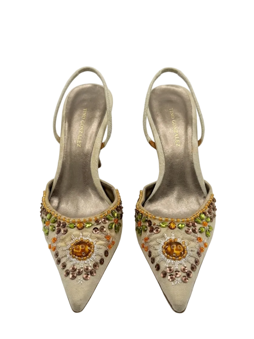 sequin beige kitten sling backs