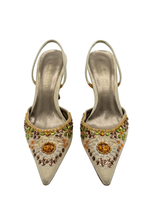 sequin beige kitten sling backs