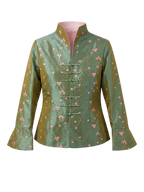 Green and Pink silk blossom quilted jacket with flowers pattern and mandarin attachment 