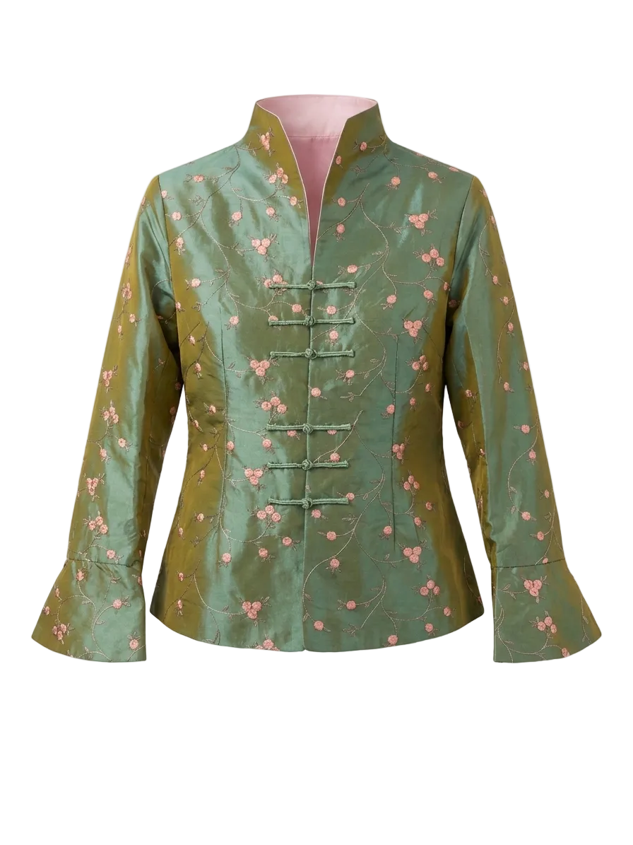 Green and Pink silk blossom quilted jacket with flowers pattern and mandarin attachment 