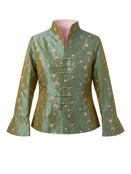 Green and Pink silk blossom quilted jacket with flowers pattern and mandarin attachment 