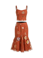 Orange floral top and skirt with sequin embellishment and embroidery