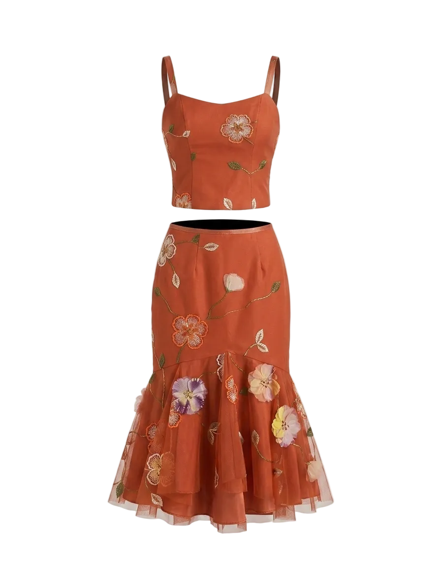 Orange floral top and skirt with sequin embellishment and embroidery
