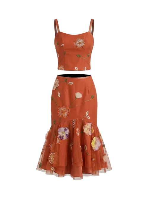 Orange floral top and skirt with sequin embellishment and embroidery