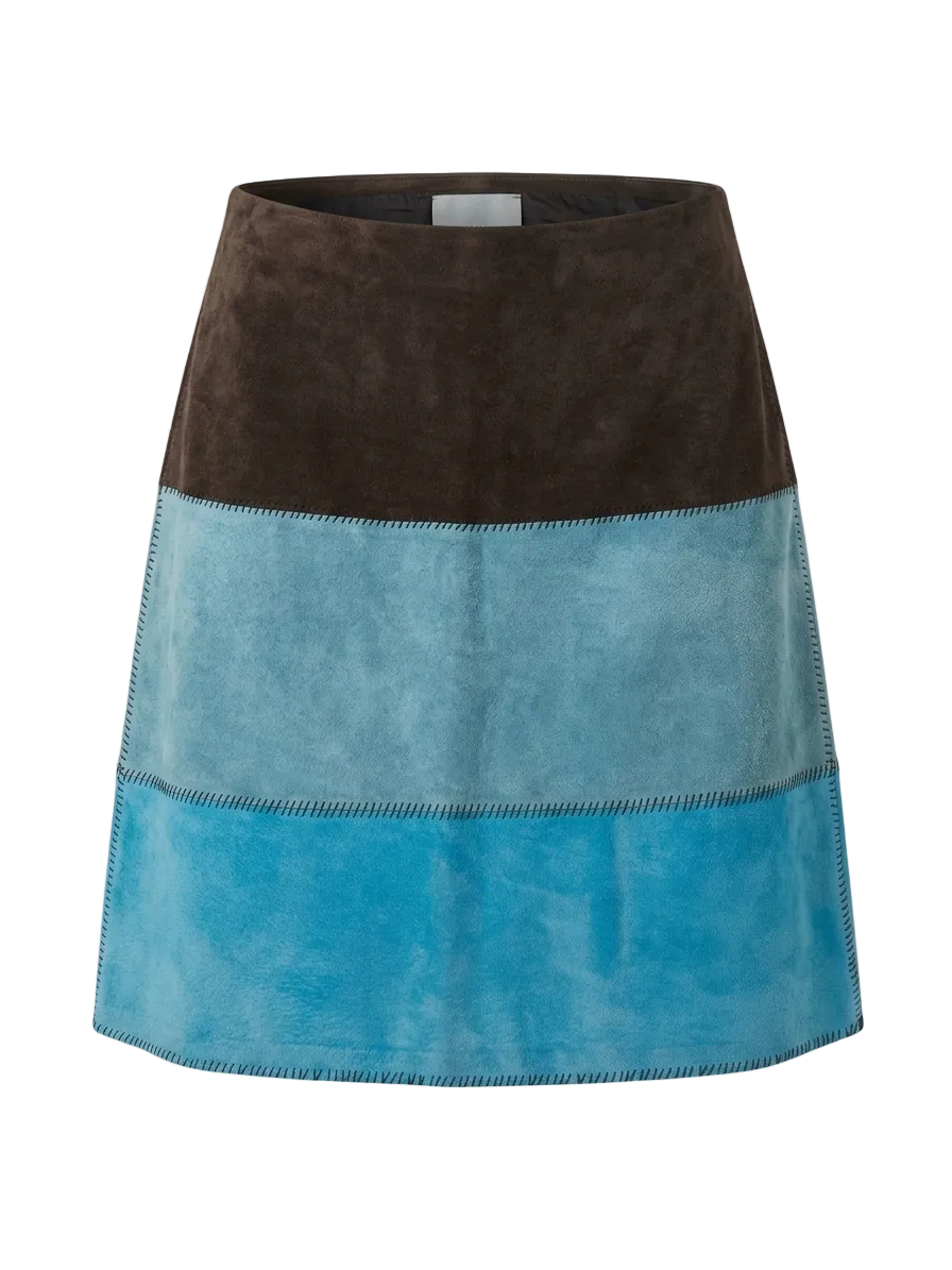 Brown and blue Color-Block Suede Mini Skirt