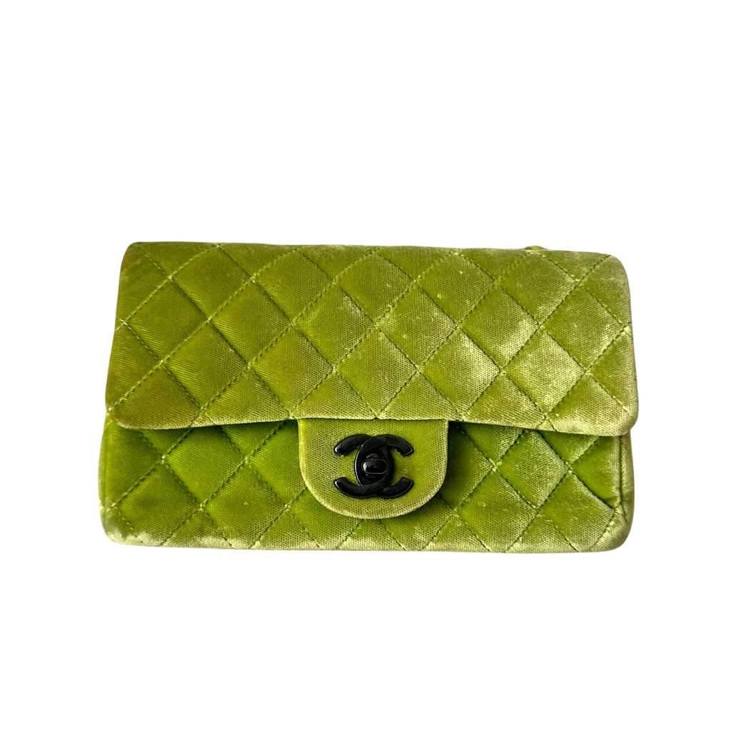 Chanel Velvet Quilted Lime Interlocking CC Classic Flap Small Shoulder Bag Green