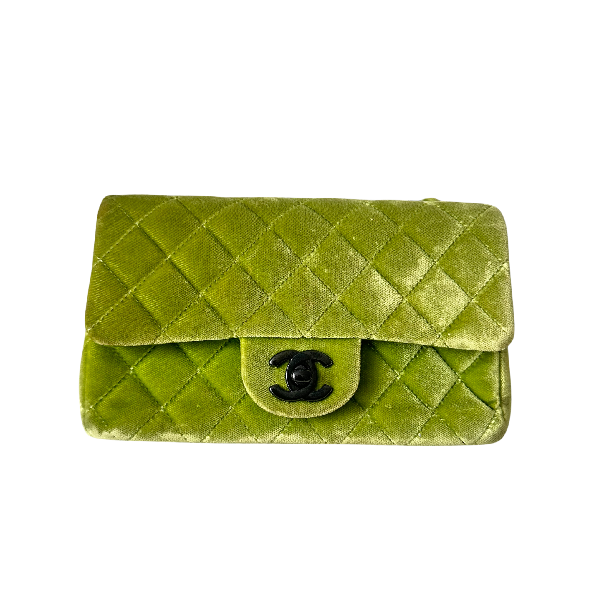 Chanel Velvet Quilted Lime Interlocking CC Classic Flap Small Shoulder Bag Green