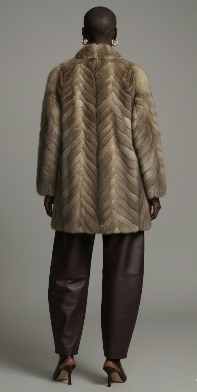 Person wearing a fur coat with a chevron pattern on a gray background