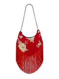 Red handbag with floral embroidery and fringe 