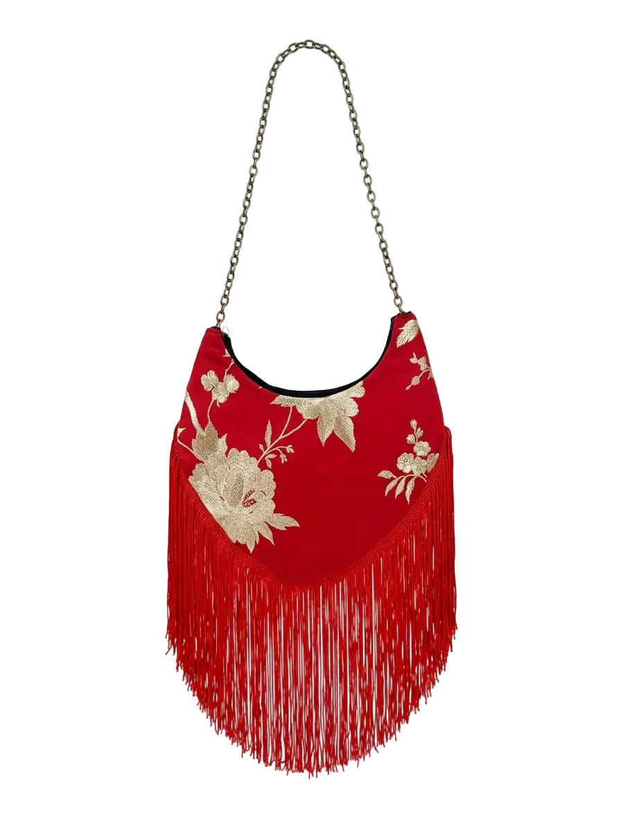Red handbag with floral embroidery and fringe 