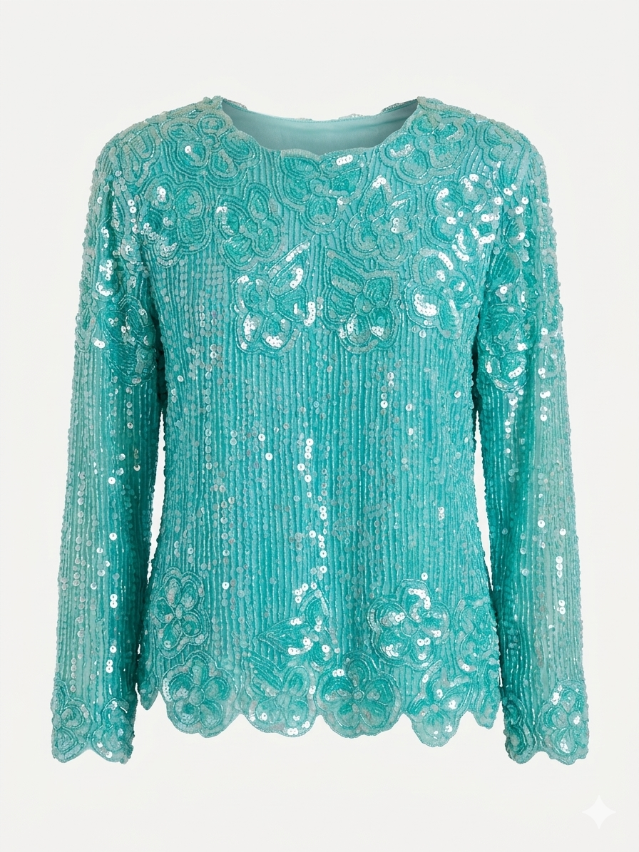 Teal Silk Sequin Blouse