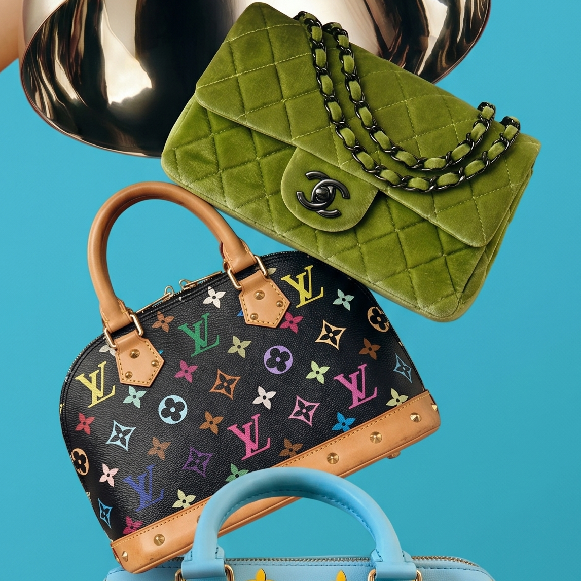 Three handbags on a silver tray against a blue background