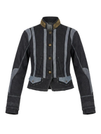 Black denim jacket with gray accents and gold embellishments