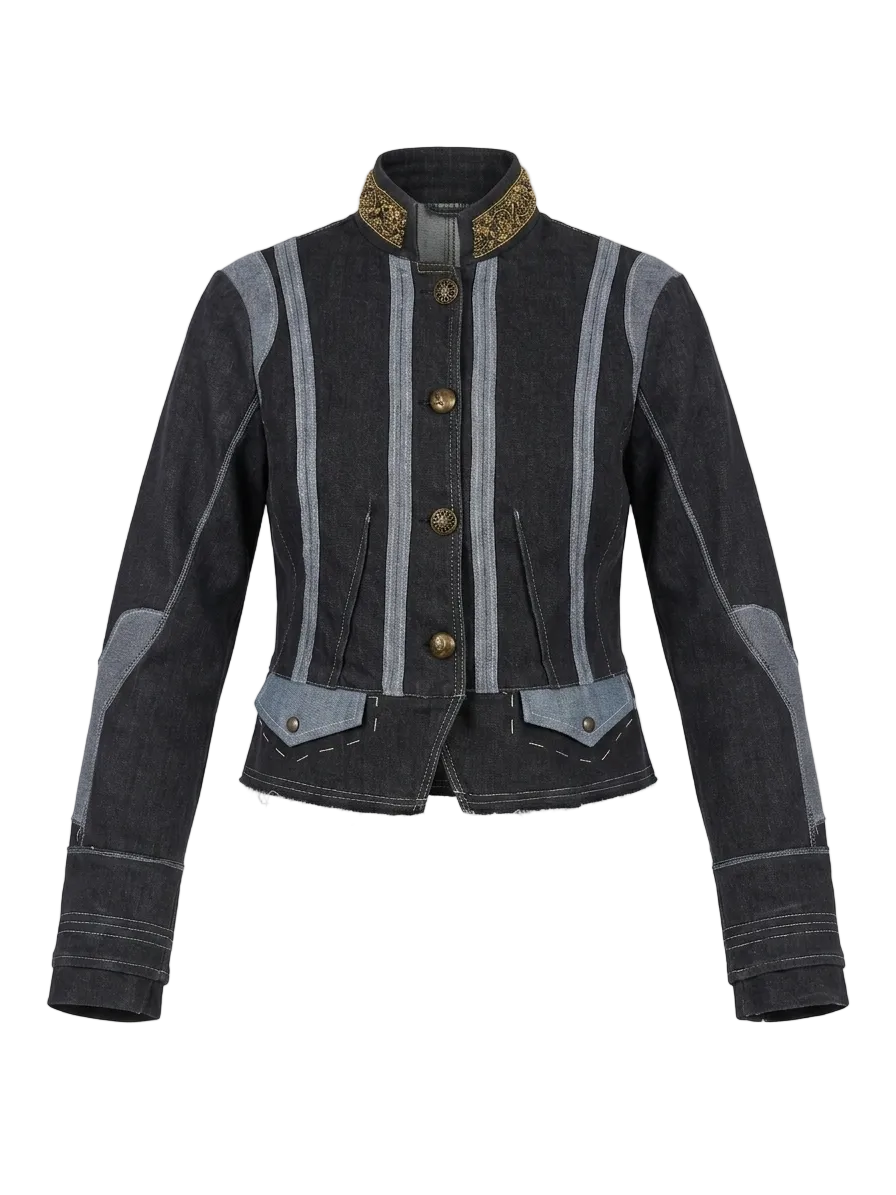 Black denim jacket with gray accents and gold embellishments