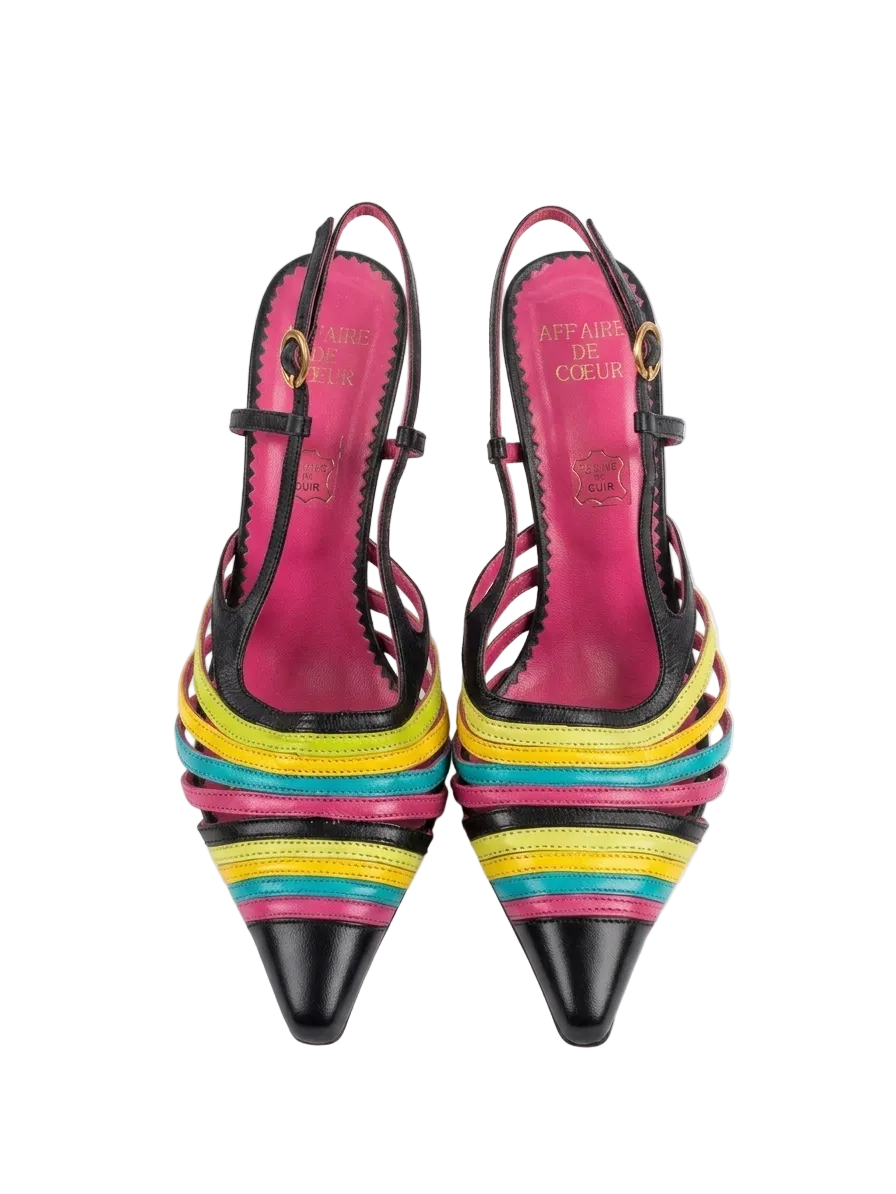 Colorful leather kitten heeled shoes with rainbow straps 