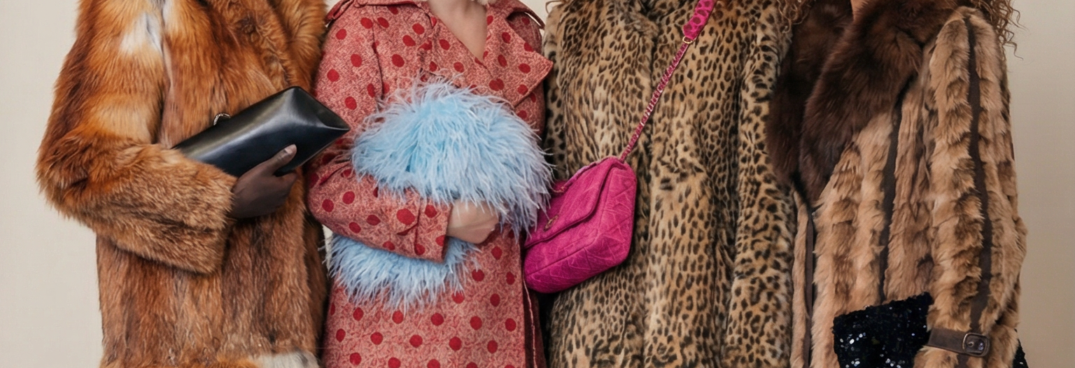 Four women wearing fur coats with a neutral background