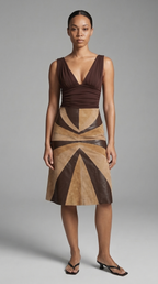 Sunburst Leather and Suede Midi Skirt